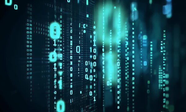 Abstract background of blue numbers and letters in the form of binary code on a dark digital wallpaper