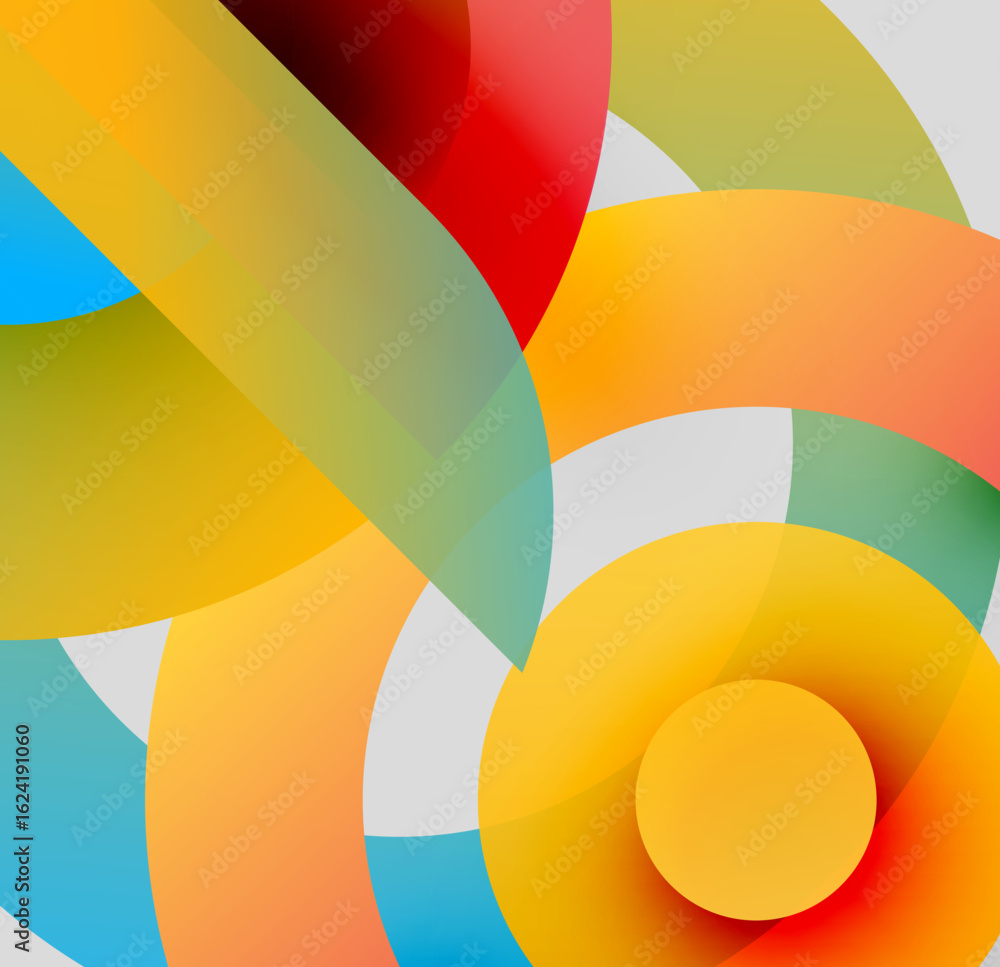Poster abstract colorful shapes overlap, creating dynamic visual effect. bright hues blend, forming modern 