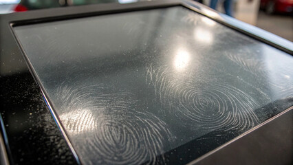 Close up view of fingerprints on a dirty dusty black screen surface detail