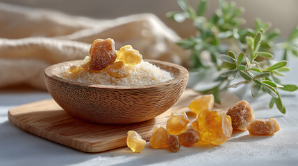 Close-up of frankincense resin crystals on a rustic wooden plate. Natural Perfume Ingredients.