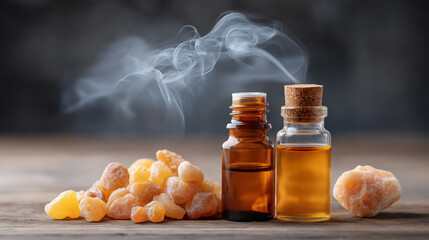 Frankincense resin beside amber glass perfume bottles. Natural Perfume Ingredients.