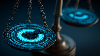 Glowing copyright symbol on scales represents intellectual property law