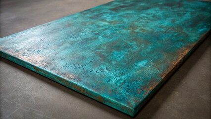 Close-up view of an artistic weathered copper surface showcasing a beautiful teal patina.