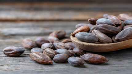 Close-up of whole tonka beans on a rustic wooden surface. Natural Perfume Ingredients.