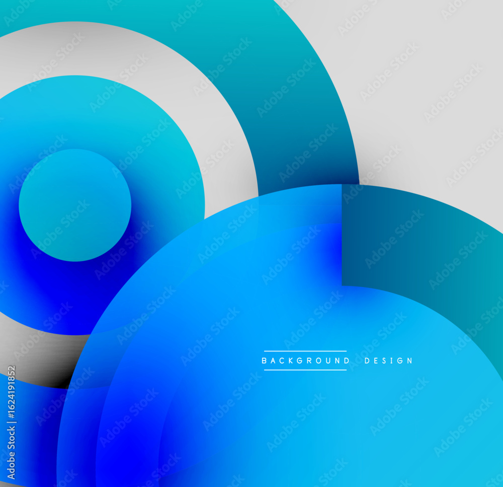 Poster abstract circles overlap, creating vibrant blue gradients. modern design emphasizes smooth transitio