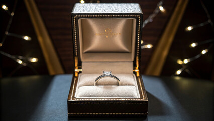 Elegant diamond engagement ring displayed in luxurious jewelry box with soft lighting