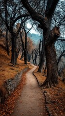 Serene Pathway Through Autumn Forest with Leafy Ground Cover