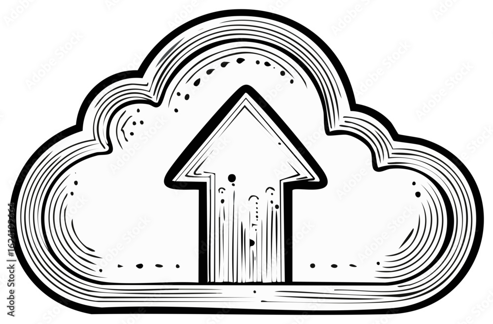 Poster hand drawn cloud with upward arrow icon symbolizing data upload internet storage