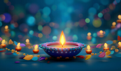 A glowing diya with a warm flame surrounded by festive lights and leaves