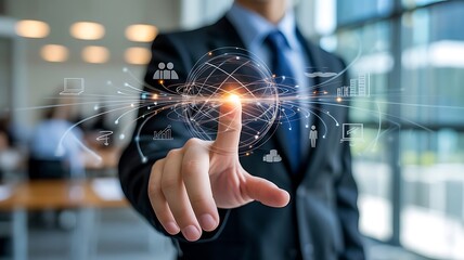 Businessman touching digital globe with data connections