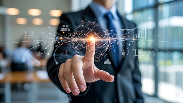 Businessman touching digital globe with data connections