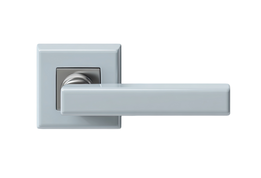 Light gray door handle with a square frame.  A modern, minimalist design featuring a rectangular handle and a matching square, recessed plate.  Chrome accents around the handle mechanism