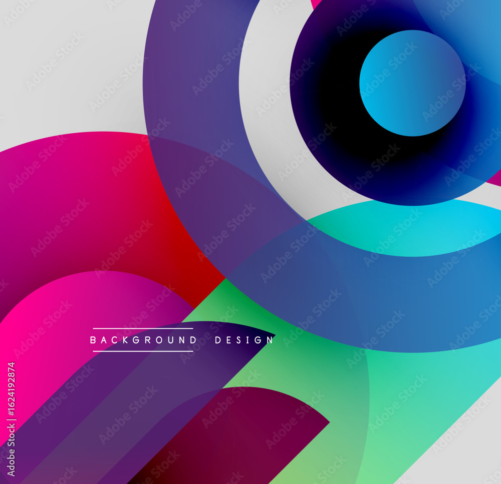 Poster abstract colorful circles overlap creating dynamic composition. bright hues blend, forming modern ba