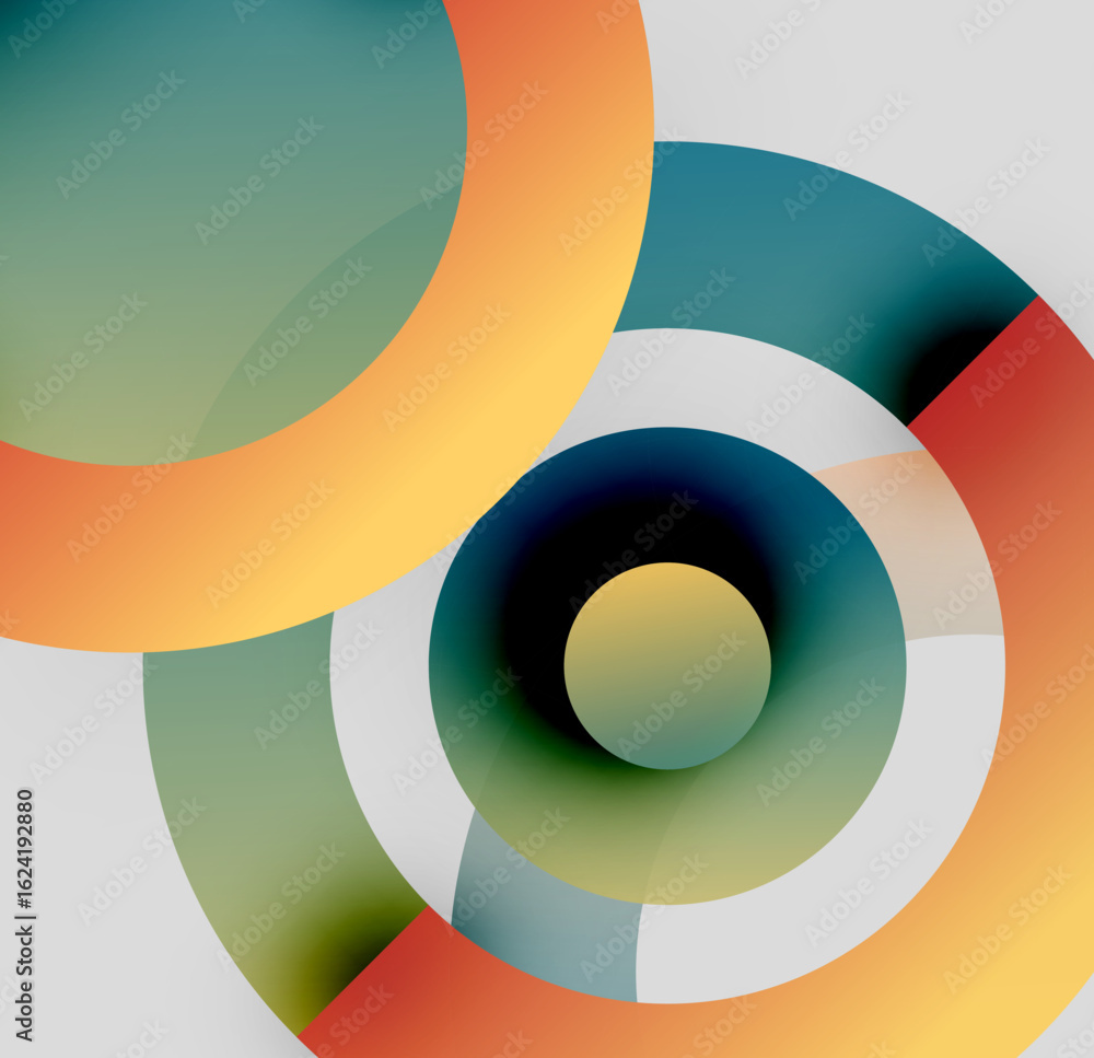 Poster abstract composition. overlapping circles, vibrant colors, gradients create dynamic visual effect. m
