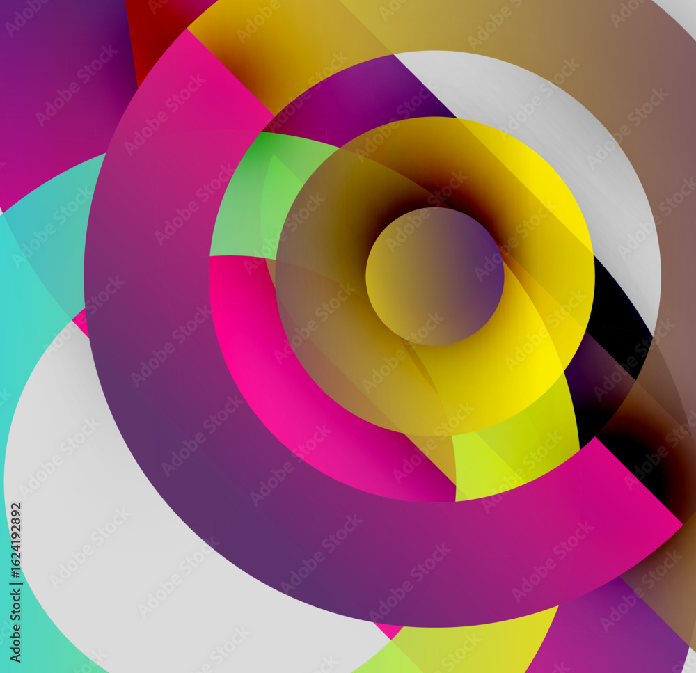 Poster abstract colorful circles overlap creating dynamic visual illusion. bright hues blend, forming capti