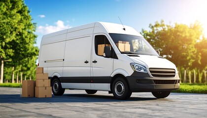 White delivery van with cardboard boxes on the road with logistic and transportation concept.