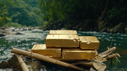 Golden Ingots on Riverbank Surrounded by Lush Greenery