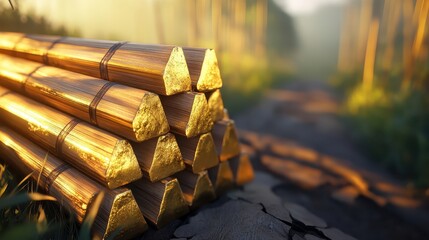 Golden Ingots Stacked on Forest Path at Sunrise in Soft Light