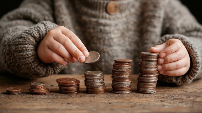 A child putting a coin into a stack of coins