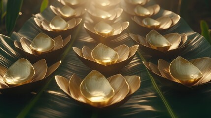Golden Lotus Flowers on Leaf with Soft Light and Serenity Vibes