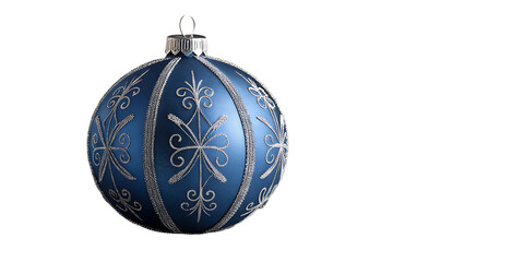 Close up of a single blue oval christmas ornament with intricate silver detailing hanging against a solid black background studio shot festive holiday decoration