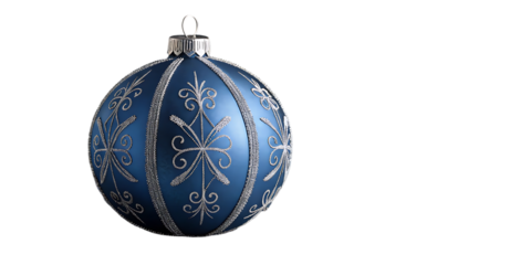Close up of a single blue oval christmas ornament with intricate silver detailing hanging against a solid black background studio shot festive holiday decoration