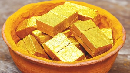 Golden Metal Bars in Bowl with Yellow Powder Background