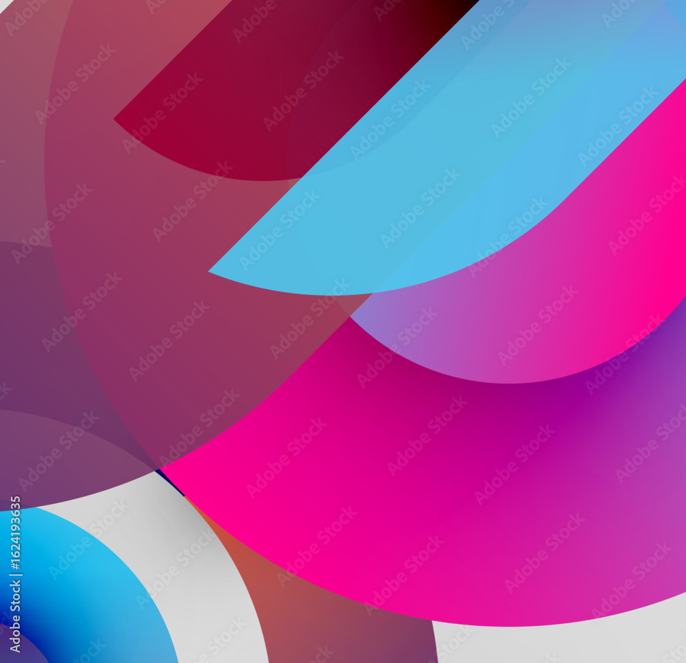 Poster abstract composition. overlapping shapes create vibrant color gradients. pink, blue, maroon dominate