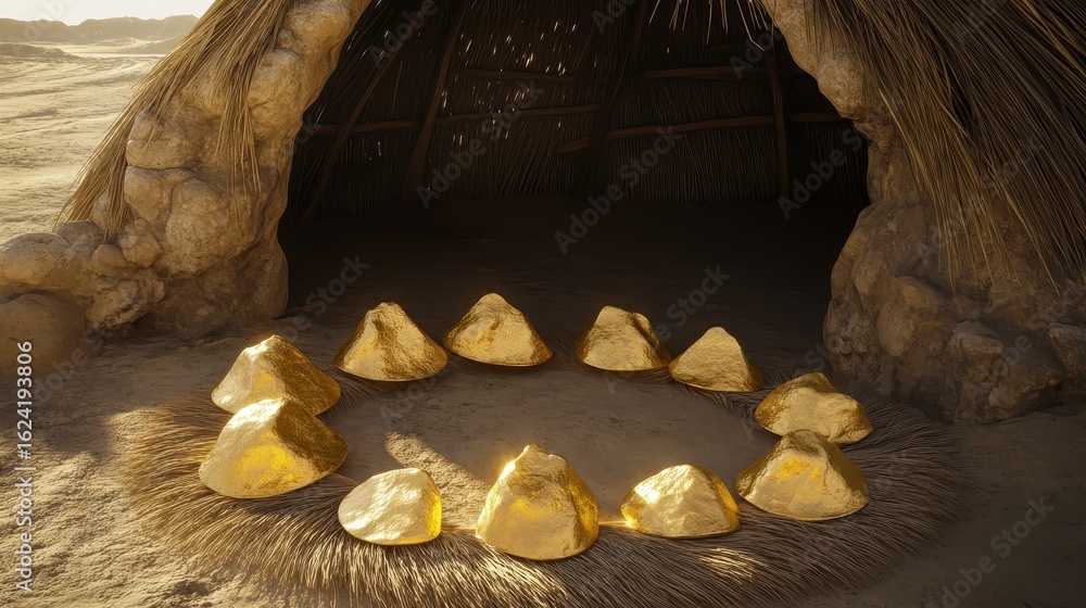 Aufkleber golden pyramids arranged in circle inside rustic hut structure