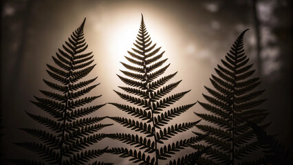 Silhouette of three ferns showing leaf details against a soft and warm background