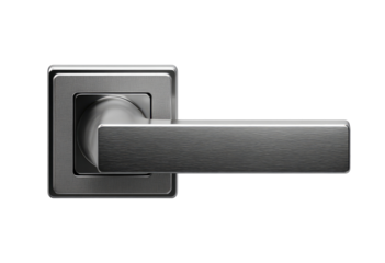 Close-up of a brushed metal door handle with a rectangular pull.  A square, recessed mounting plate surrounds the handle