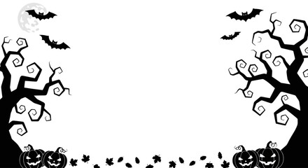 Spooky Halloween Night Frame with Trees, Pumpkins, and Bats