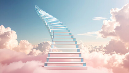 Translucent staircase dissolving into sky, representing hope, progress, and the gentle journey into the future through abstract tones

