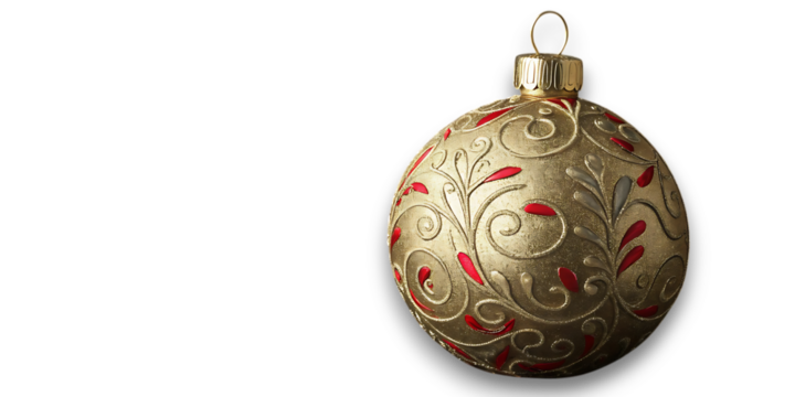 A single ornate golden christmas ornament with intricate swirling patterns and small red accents hangs against a stark black background evoking a festive and elegant holiday mood