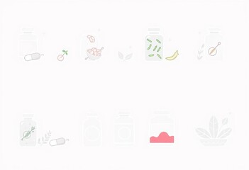 Obraz premium Set of minimalist line icons for organic vegan supplements, vitamins, probiotics, protein, and minerals Perfect for healthy food packaging, vegan, nature