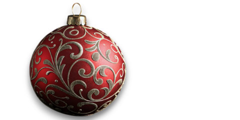 A single ornate red oval christmas ornament with intricate gold scrollwork and a hanging loop isolated on a stark black background evoking festive holiday cheer and elegant seasonal decoration