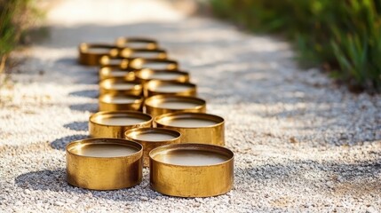 Golden Round Candle Holders Lined on a Gravel Pathway in Nature