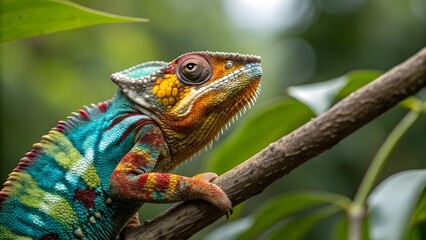 Stunning Macro Shot of a Vibrant Chameleon on a Tree Branch in the Wild