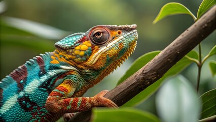 Stunning Macro Shot of a Vibrant Chameleon on a Tree Branch in the Wild
