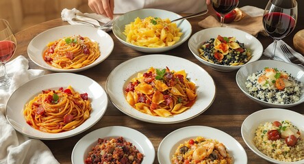 Multiple Italian pasta dishes with various sauces served on white plates at restaurant table with wine glasses, creating appetizing feast