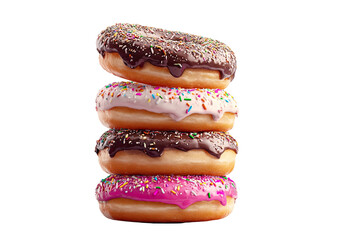 Stack of three glazed doughnuts.  Each donut is a different color, topped with  chocolate, pink, and white icing and sprinkles