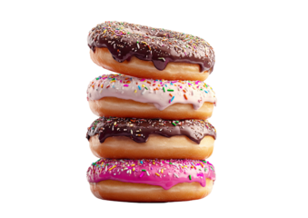 Stack of three glazed doughnuts.  Each donut is a different color, topped with  chocolate, pink, and white icing and sprinkles