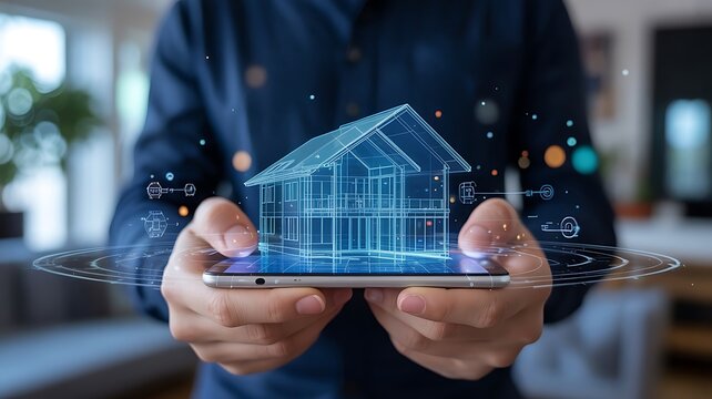 Digital house blueprint displayed on smartphone architecture - Powered by Adobe