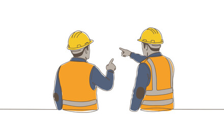 Minimalist Line Art of Two Construction Workers in Yellow Helmets and Vests &ndash; Continuous Drawing Vector