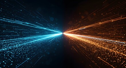 Abstract digital technology background with blue light particles and glowing dots. Futuristic cyberspace design. Abstract futuristic data stream. Digital transformation