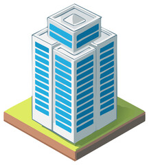 Isometric building illustration featuring an office tower on a grassy patch with blue window design and cube style roof