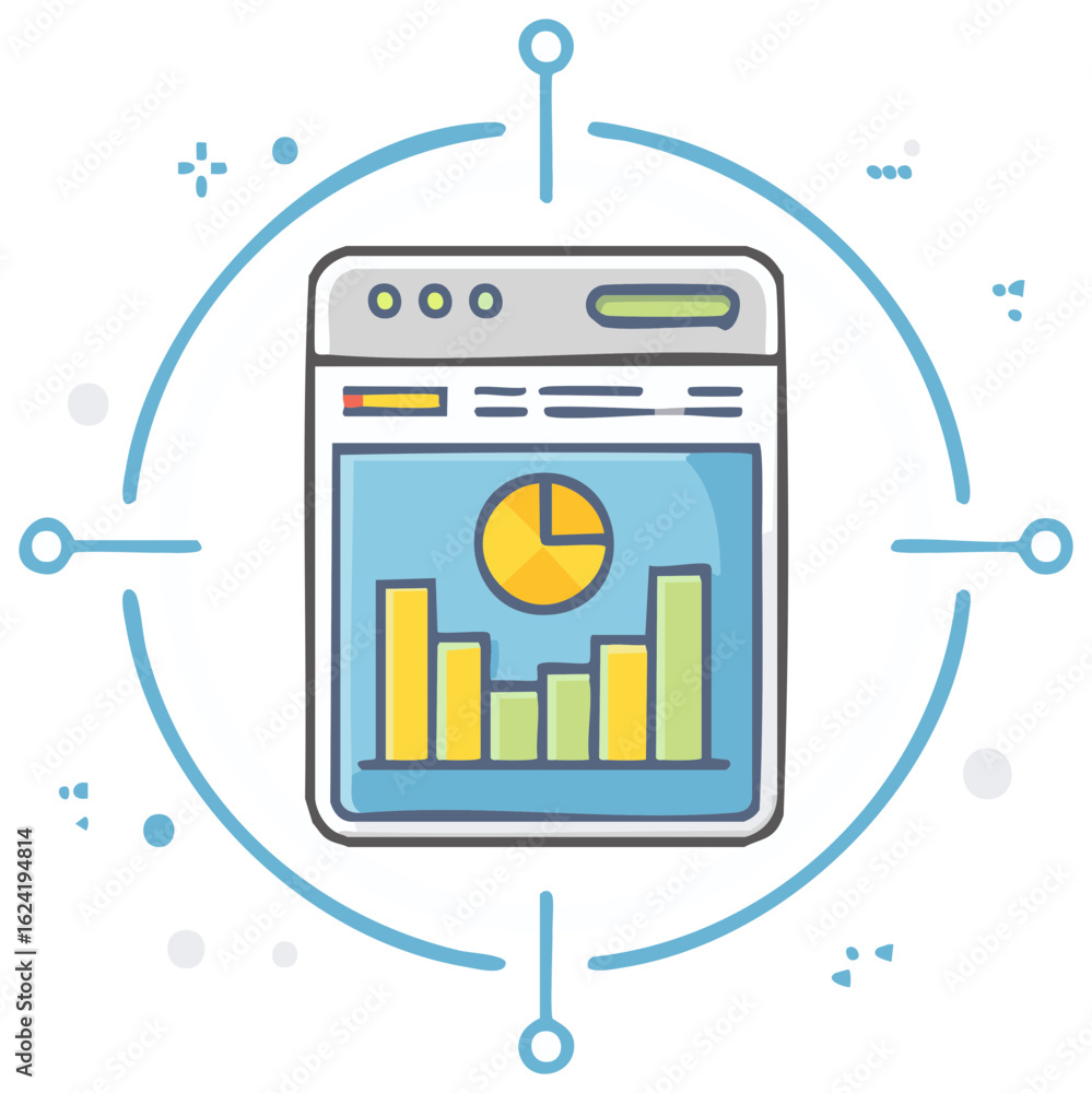 Fototapete data visualization dashboard with bar graph and pie chart in browser window. hand drawn illustration