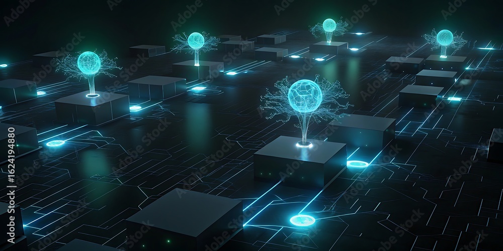 Poster abstract futuristic digital landscape with glowing blue nodes and intricate connections, symbolizing