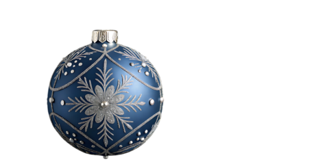A single oval shaped deep blue christmas ornament with intricate silver snowflake patterns and beaded accents is displayed against a stark black background with ample copy space