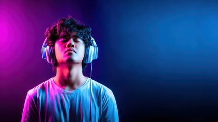 A young person with closed eyes listens to music through large headphones amid vibrant pink and blue lighting.